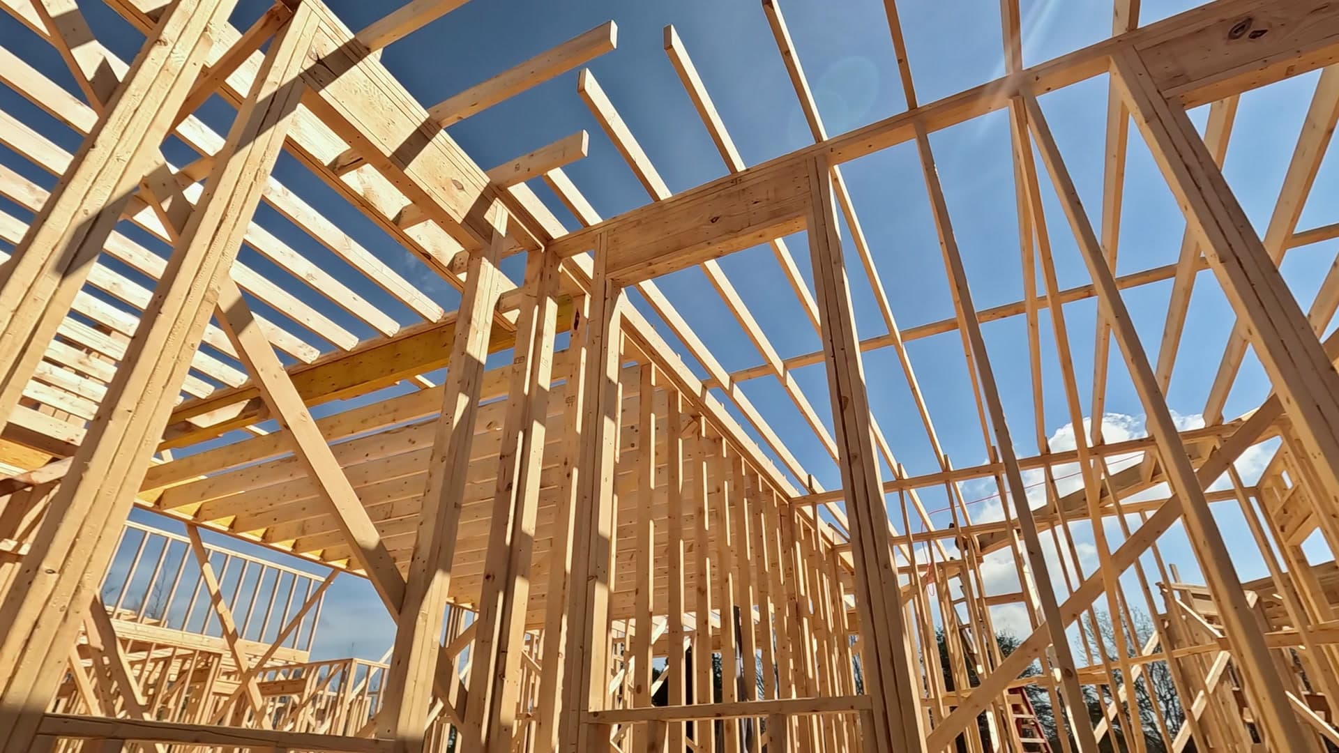 建設資材の木材が並ぶ現場