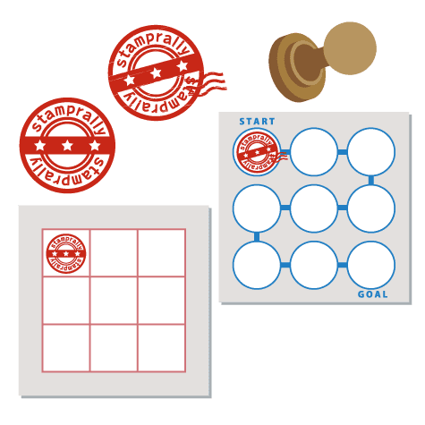 スタンプラリーのQR掲示物と台紙の例